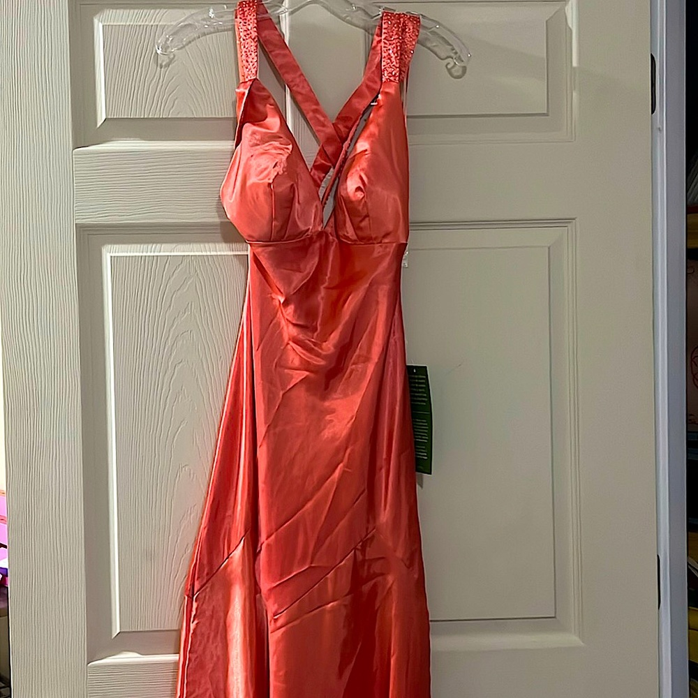 Floor length dress strapped back with sparkles. The color is coral. Very sexy!